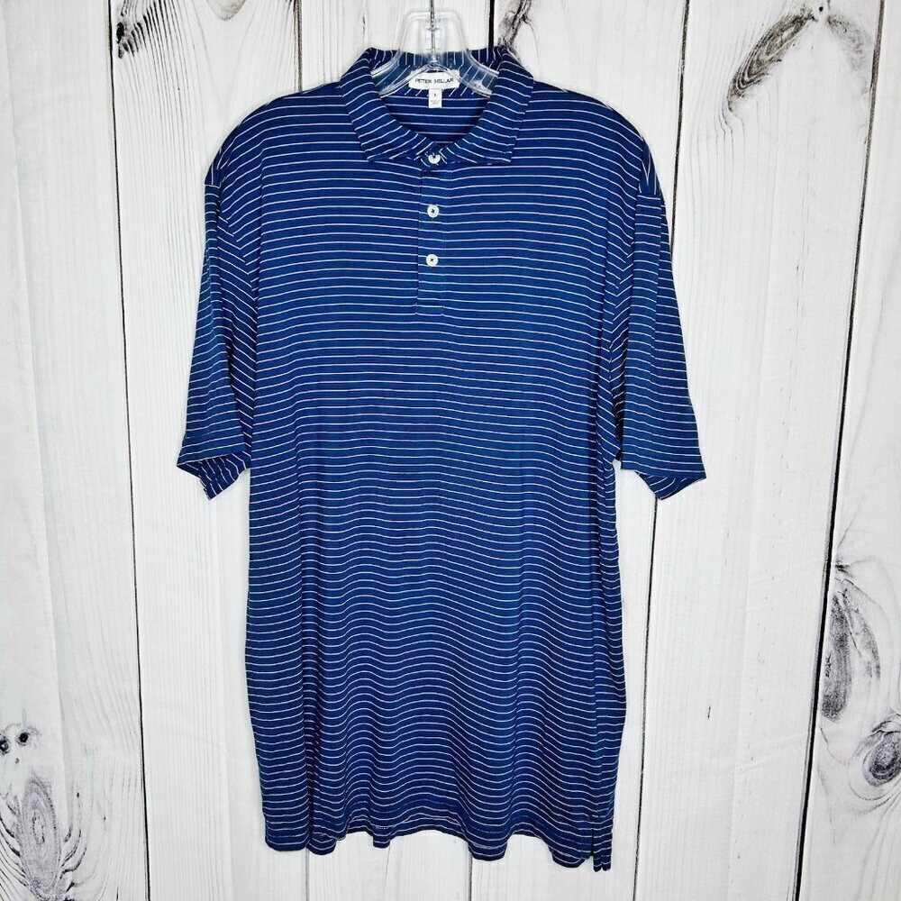 Peter Millar Mens Short Sleeve Striped Polo Shirt Blue Size L Pima Cotton